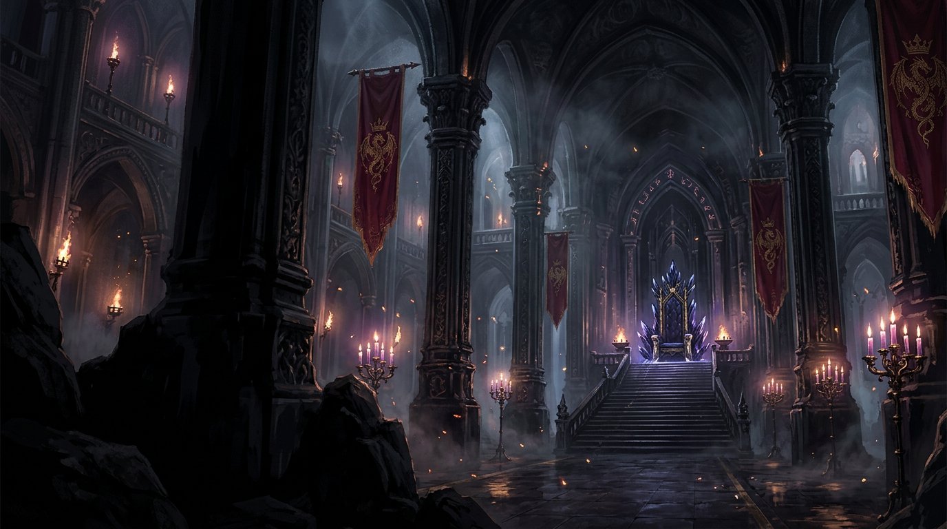 A dim Gothic throne hall